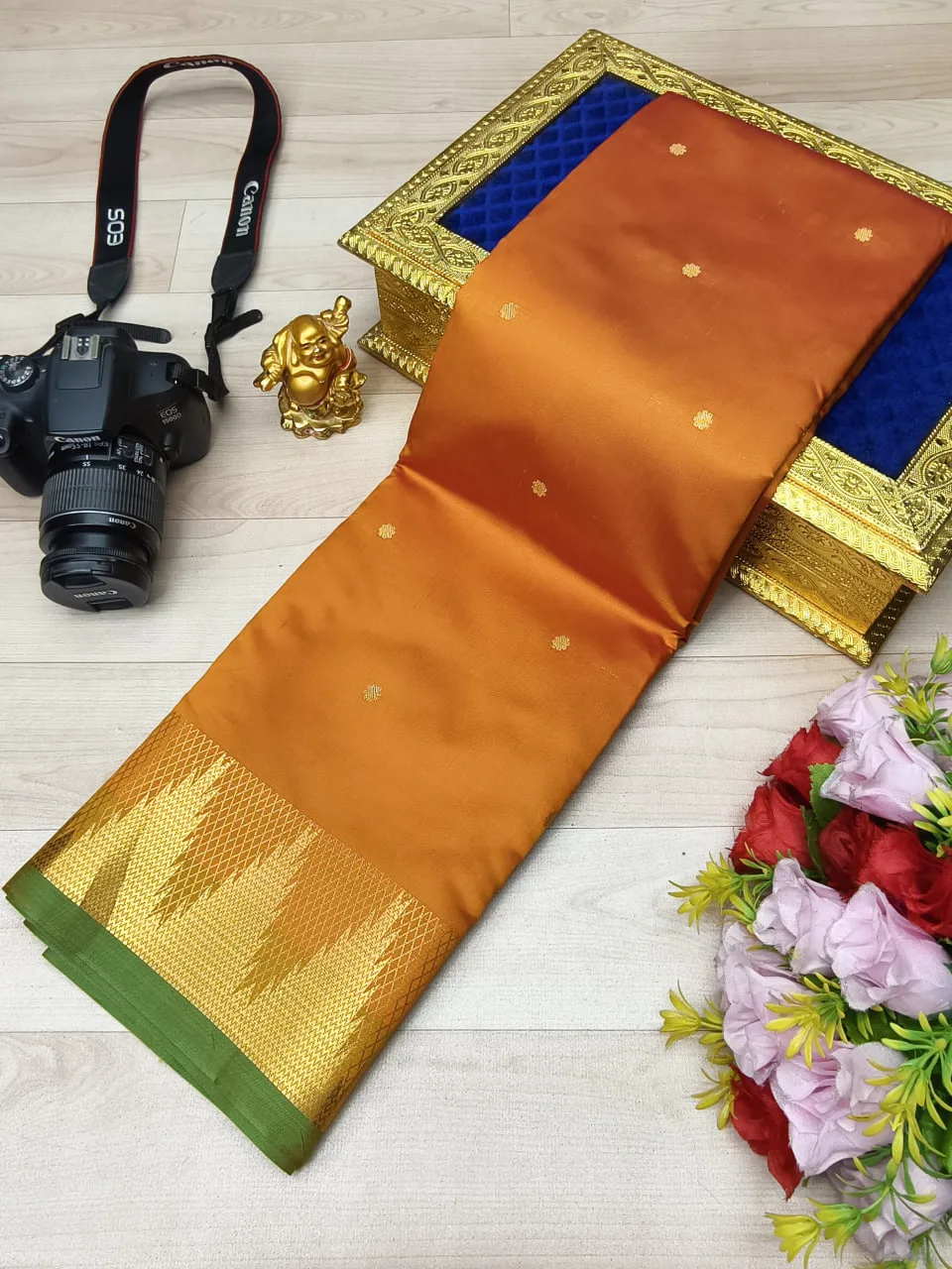 Maroon with Gold Buttas and Edges Soft Silk Saree
